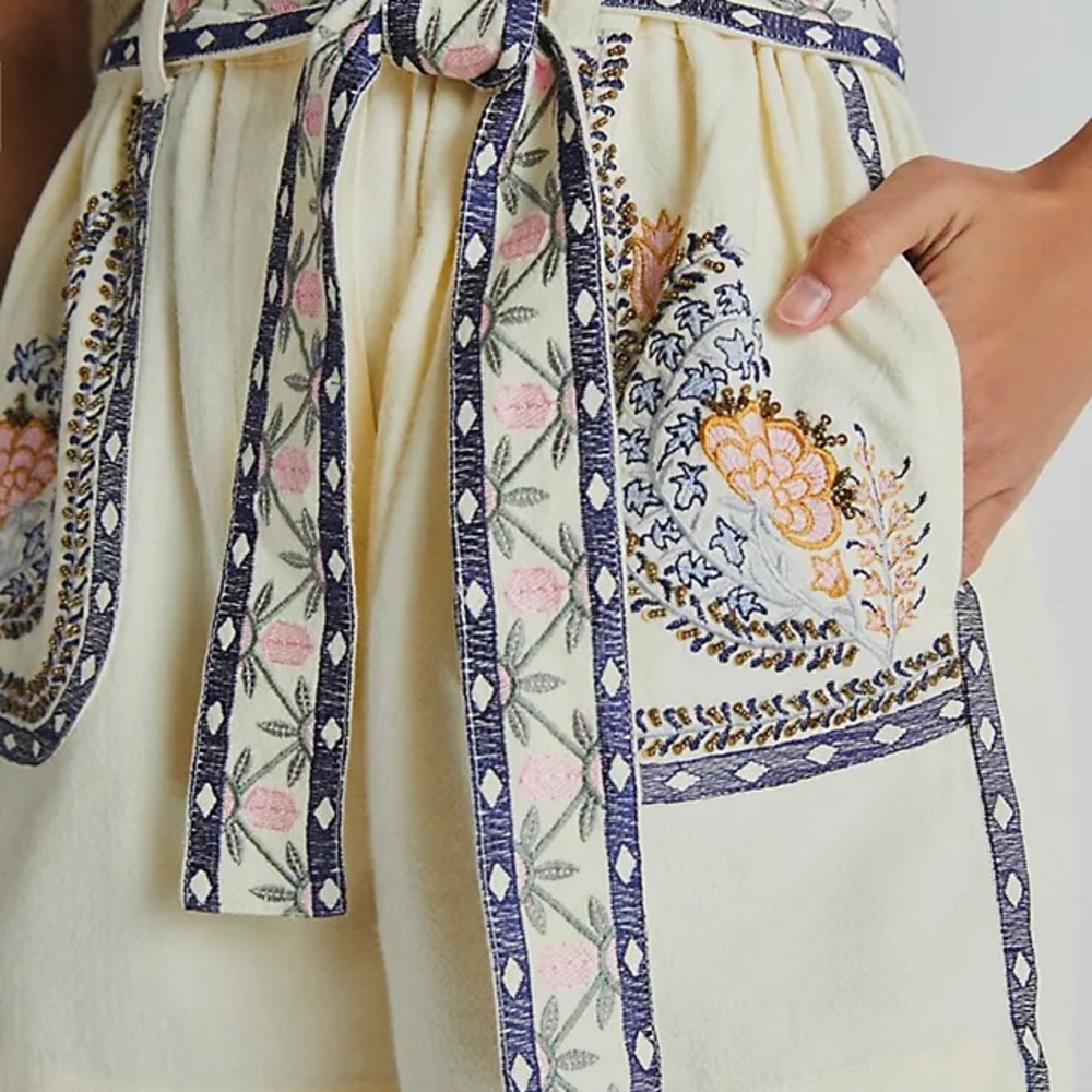 Anthropologie AnnaLeigh Cream Embroidered High Waist Shorts